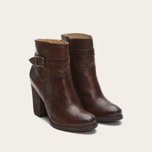 Frye • Patty Riding Bootie brown leather Redwood ankle boot heeled strap buckle